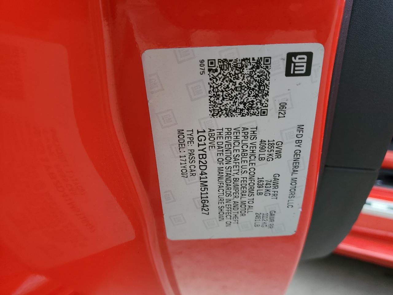 2021 Chevrolet Corvette VIN 1G1YB2D41M5116427 Copart auction photo, front end / side damage thumbnail 12