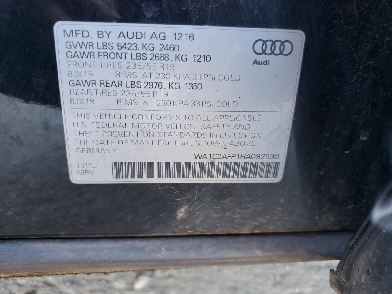 2017 Audi Q5 VIN WA1C2AFP1HA092530 Copart auction photo, front end damage thumbnail 13