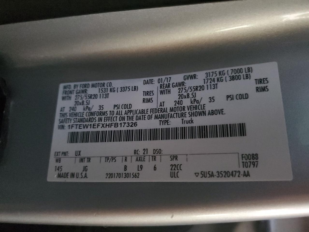 2017 Ford F-150 VIN 1FTEW1EFXHFB17326 Copart auction photo, water/flood damage thumbnail 13