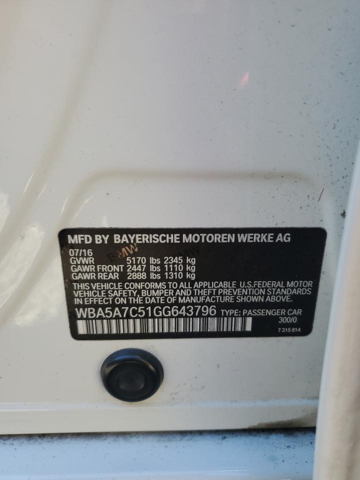 2016 BMW 5er VIN WBA5A7C51GG643796 Copart auction photo, front end damage thumbnail 12