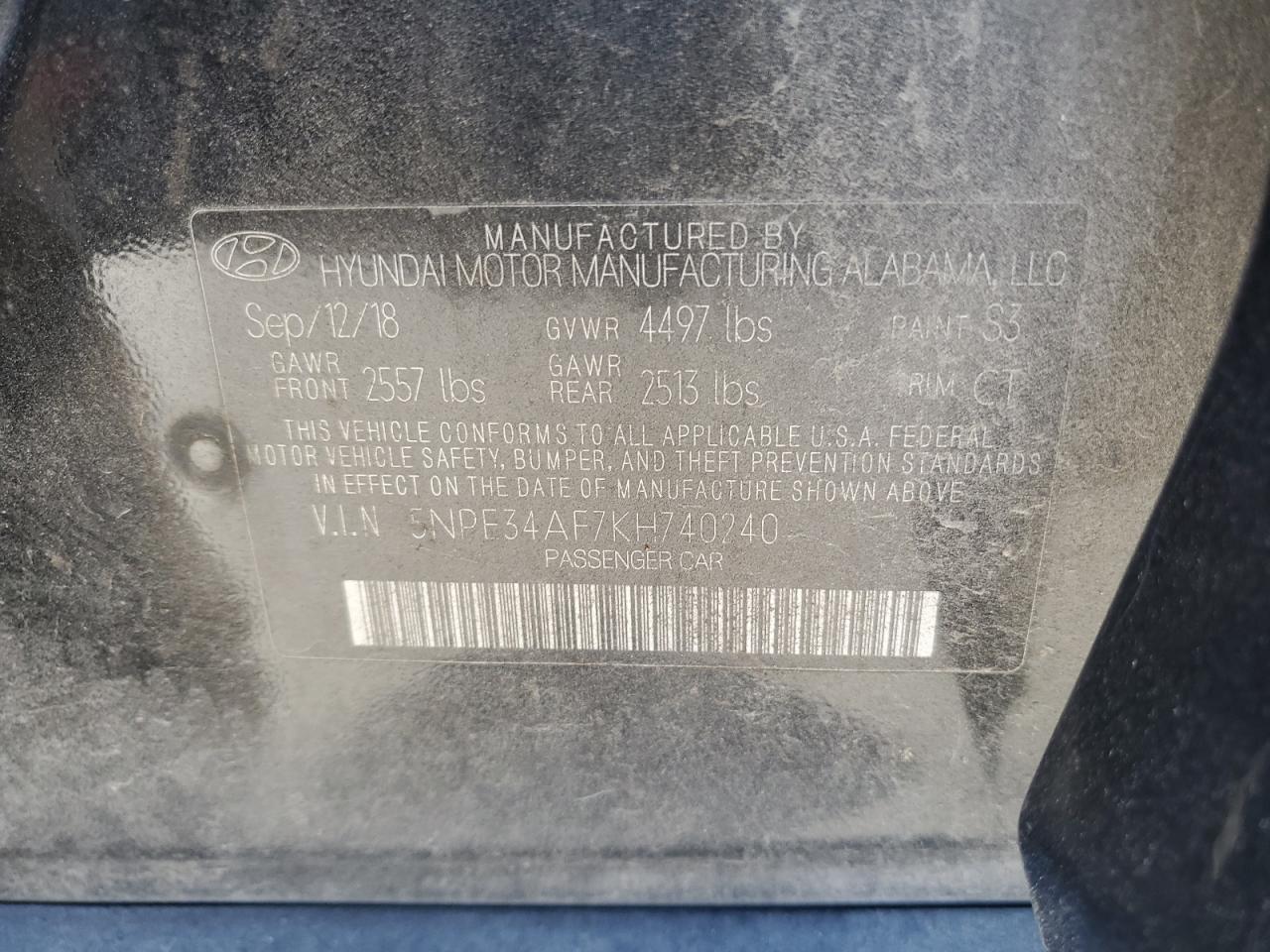2019 Hyundai Sonata VIN 5NPE34AF7KH740240 Copart auction photo, side / front end damage thumbnail 14