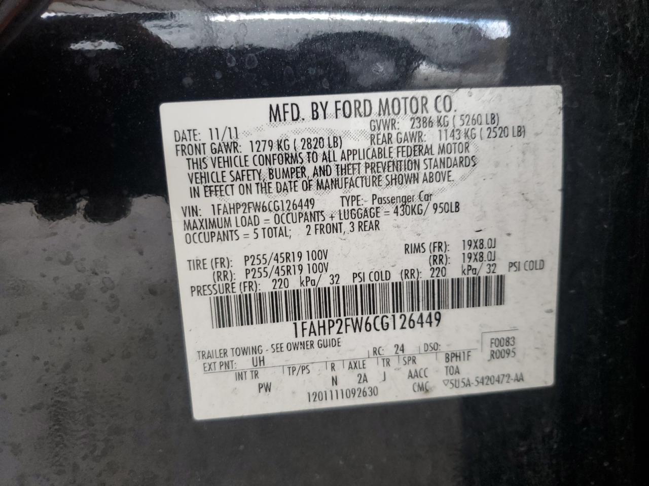 2012 Ford Taurus VIN 1FAHP2FW6CG126449 Copart auction photo, minor dent/scratches damage thumbnail 12