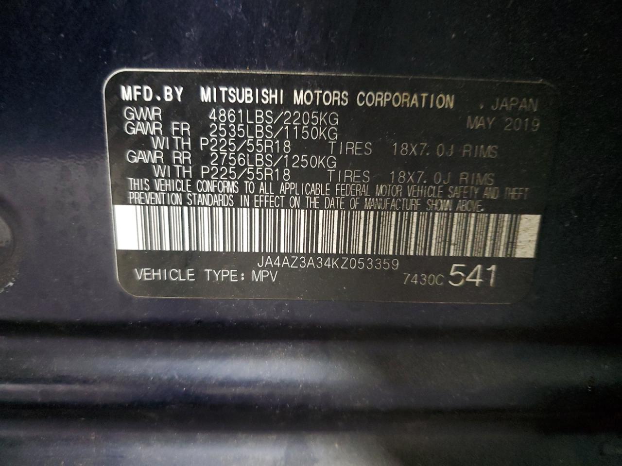 2019 Mitsubishi Outlander VIN JA4AZ3A34KZ053359 Copart auction photo, front end / side damage thumbnail 13