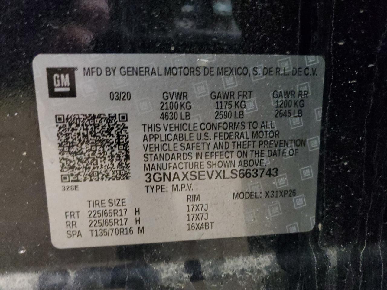 2020 Chevrolet Equinox VIN 3GNAXSEVXLS663743 Copart auction photo, front end / side damage thumbnail 13