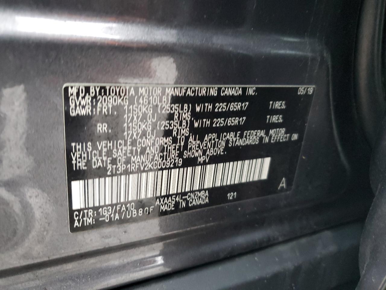 2019 Toyota RAV 4 VIN 2T3P1RFV2KC009219 Copart auction photo, front end damage thumbnail 13