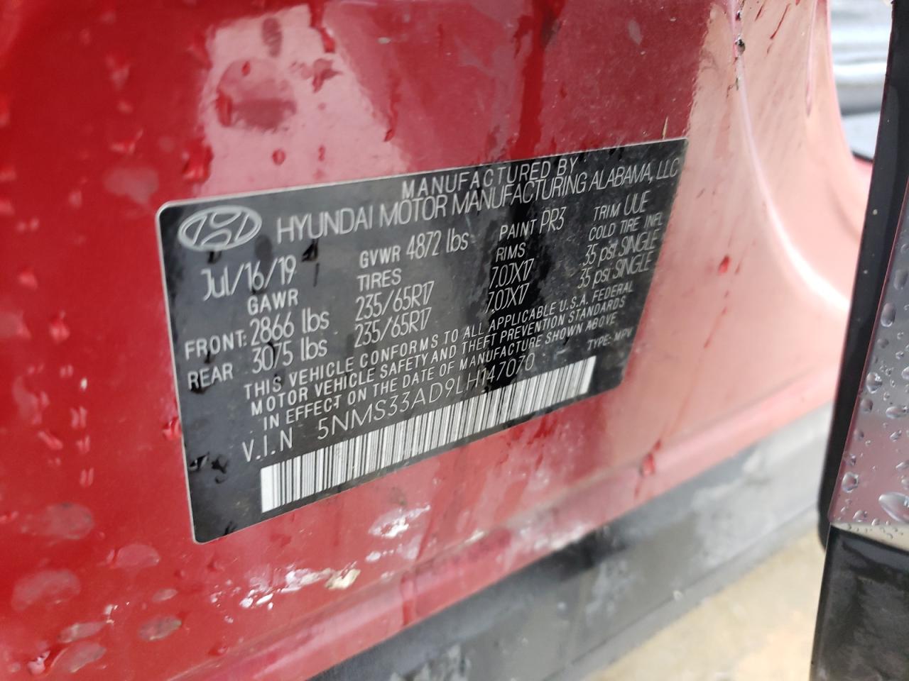 2020 Hyundai Santa Fe VIN 5NMS33AD9LH147070 Copart auction photo, front end / side damage thumbnail 15