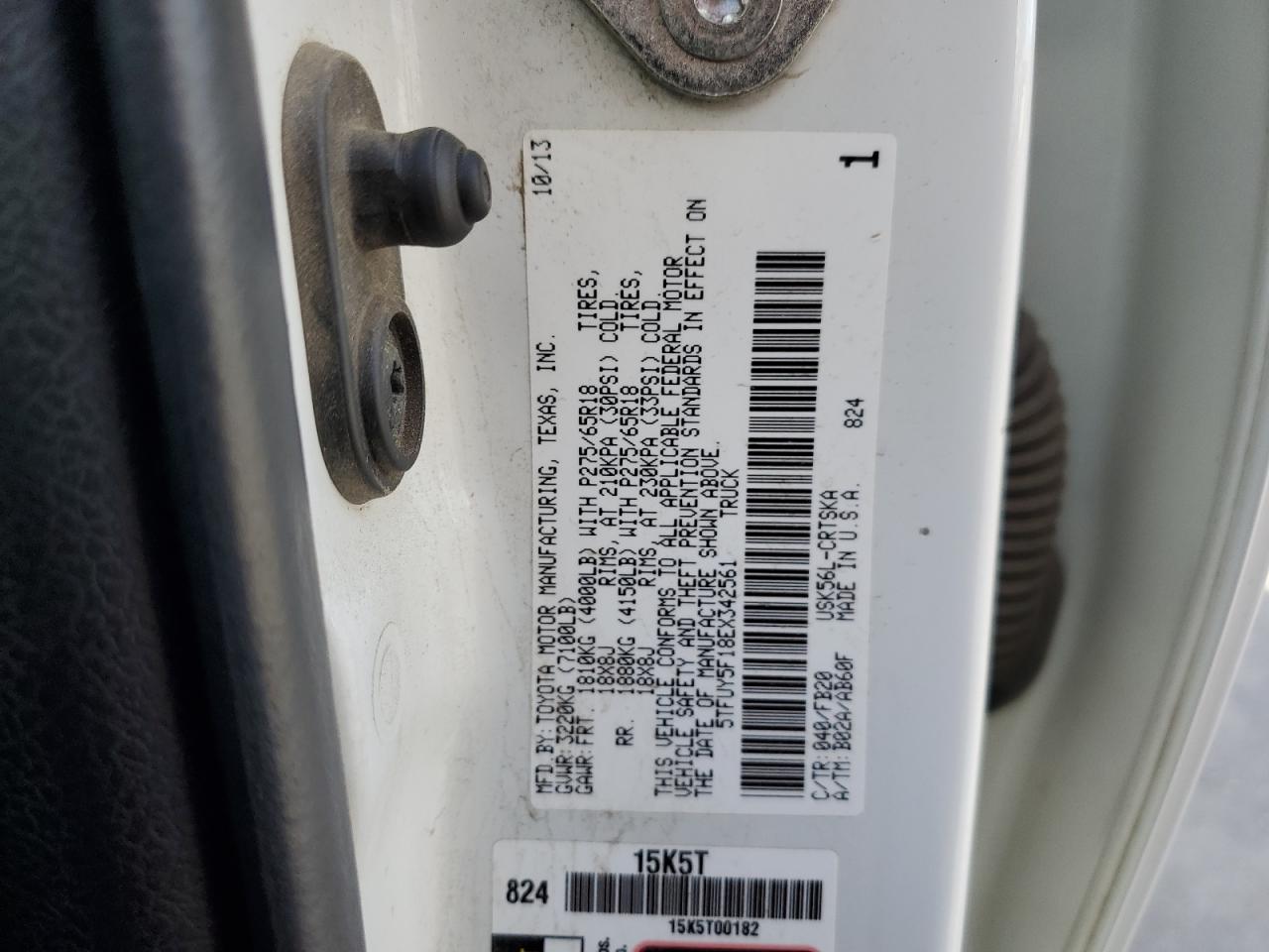 2014 Toyota Tundra VIN 5TFUY5F18EX342561 Copart auction photo, side / front end damage thumbnail 12