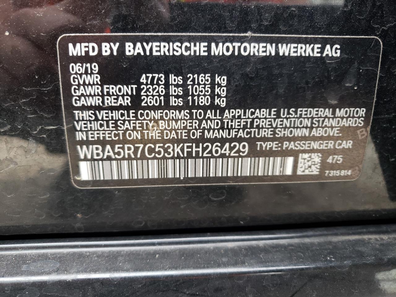 2019 BMW 3er VIN WBA5R7C53KFH26429 Copart auction photo, front end / undercarriage damage thumbnail 14