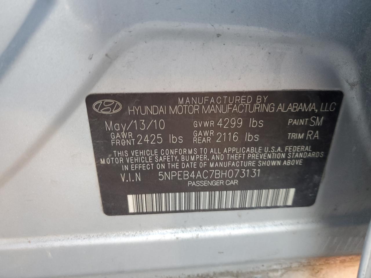 2011 Hyundai Sonata VIN 5NPEB4AC7BH073131 Copart auction photo, rollover / rear end damage thumbnail 15