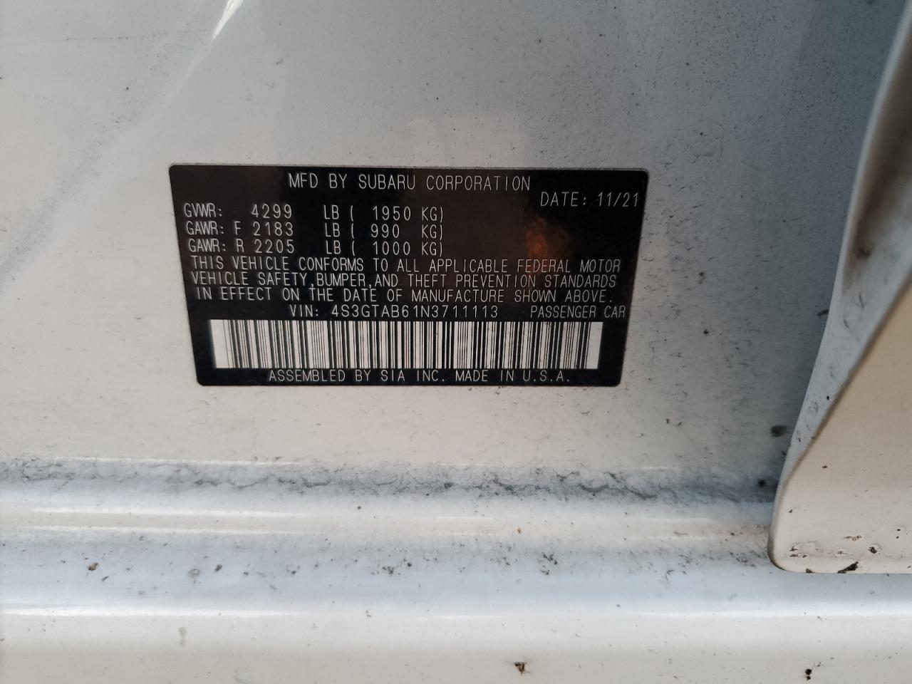 2022 Subaru Impreza VIN 4S3GTAB61N3711113 Copart auction photo, front end / minor dent/scratches damage thumbnail 13