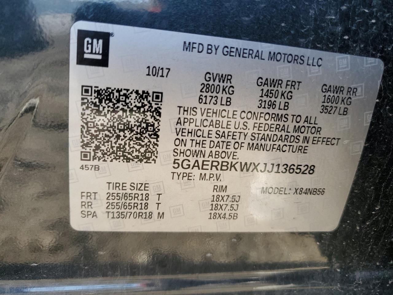 2018 Buick Enclave VIN 5GAERBKWXJJ136528 Copart auction photo, front end damage thumbnail 14