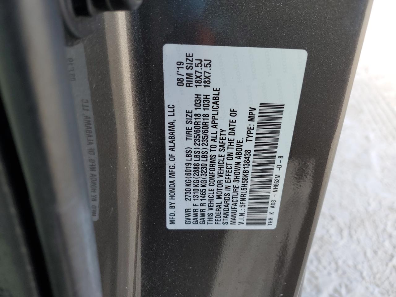 2019 Honda Odyssey VIN 5FNRL6H58KB138438 Copart auction photo, rear end / minor dent/scratches damage thumbnail 14
