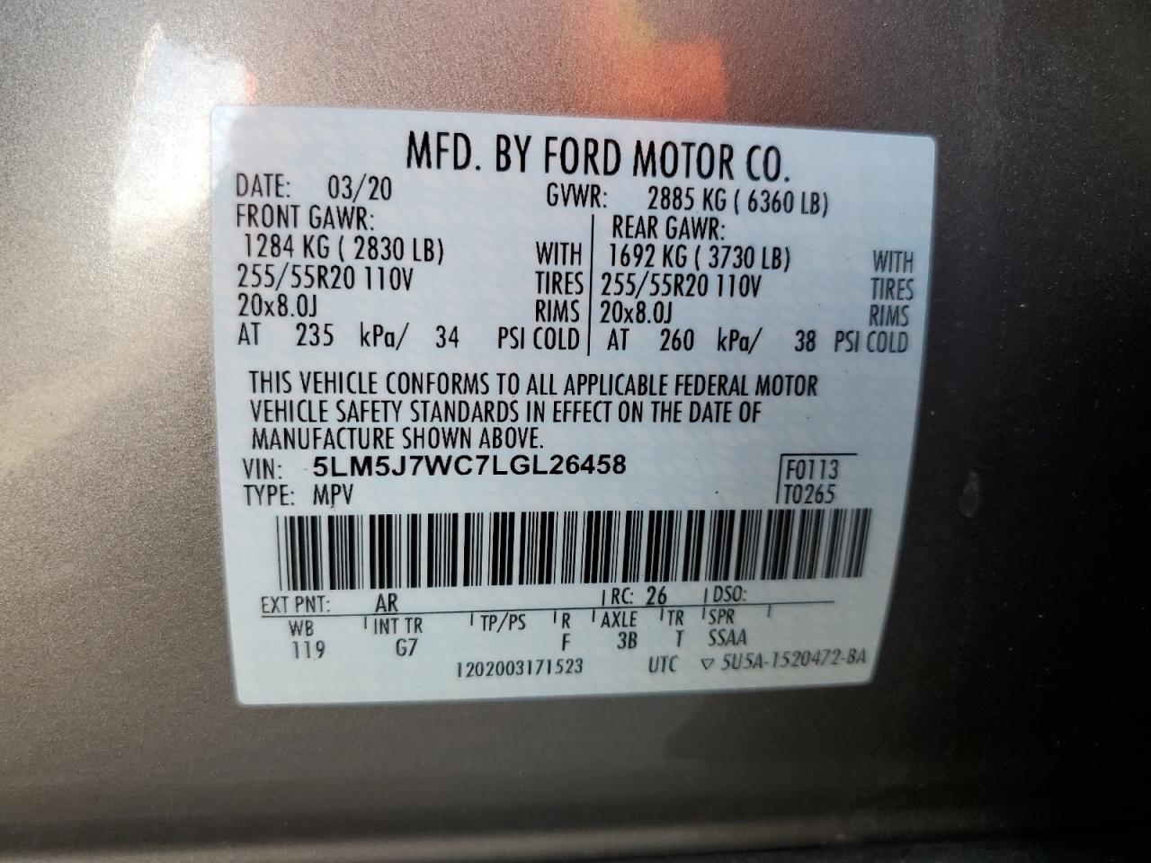 2020 Lincoln Aviator VIN 5LM5J7WC7LGL26458 Copart auction photo, all over damage thumbnail 13