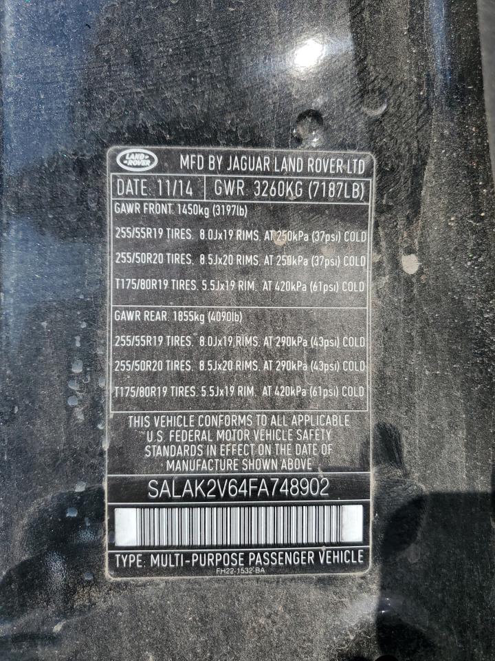 2015 Land Rover LR4 VIN SALAK2V64FA748902 Copart auction photo, front end damage thumbnail 13