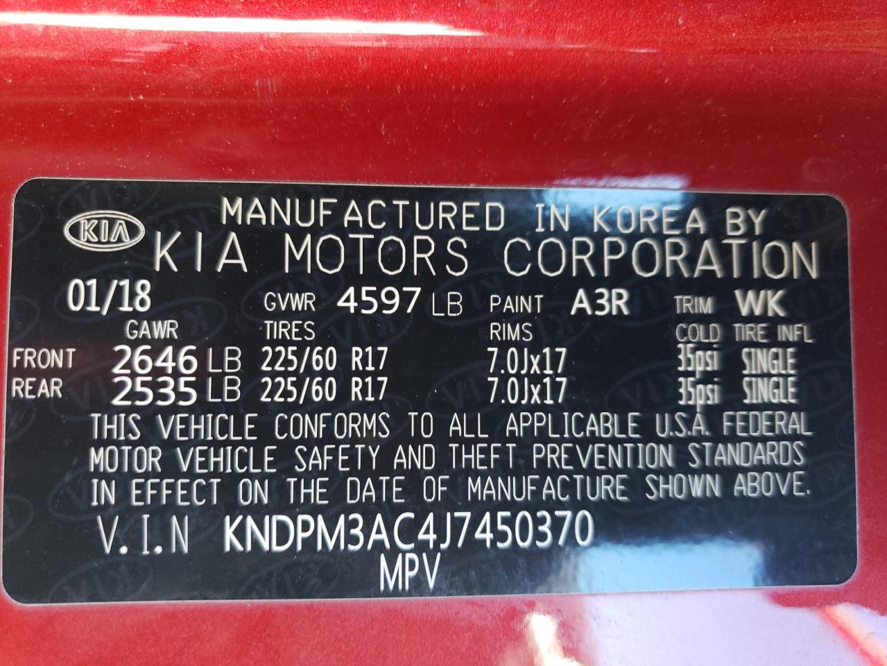 2018 KIA Sportage VIN KNDPM3AC4J7450370 Copart auction photo, vandalism / hail damage thumbnail 13