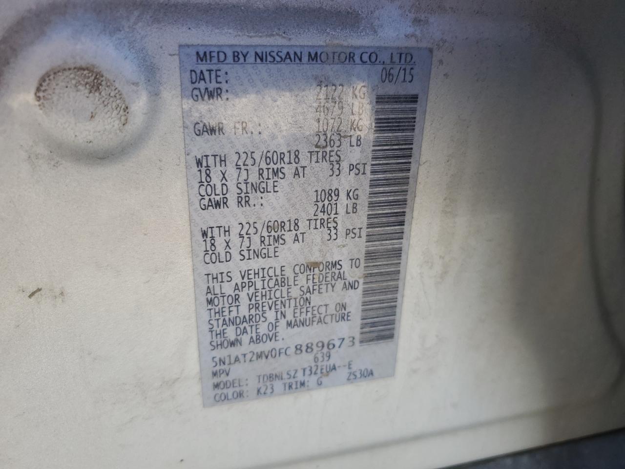 2015 Nissan Rogue VIN 5N1AT2MV0FC889673 Copart auction photo, front end damage thumbnail 14