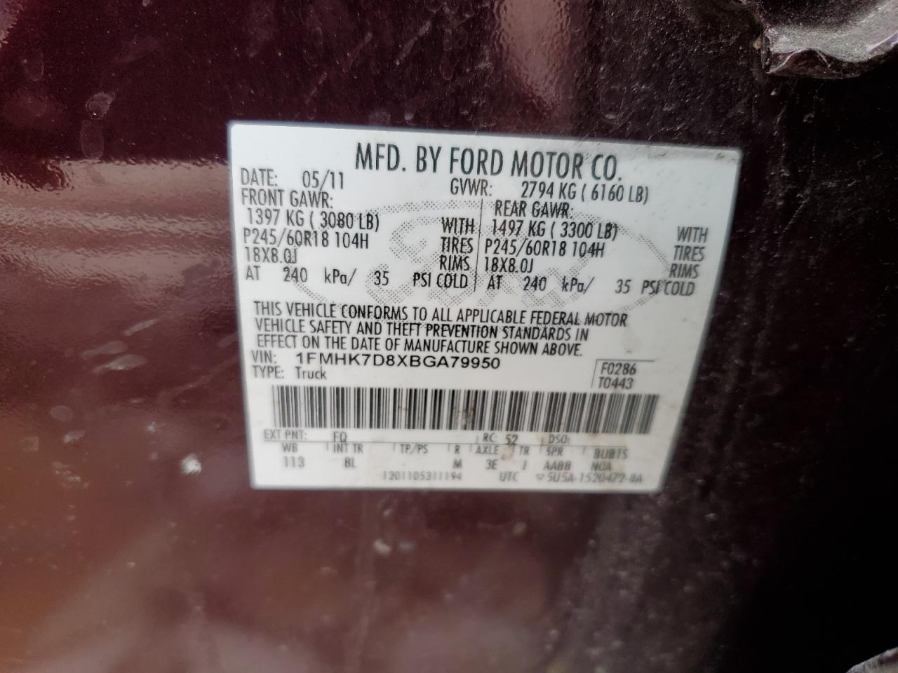 2011 Ford Explorer VIN 1FMHK7D8XBGA79950 Copart auction photo, front end / side damage thumbnail 13