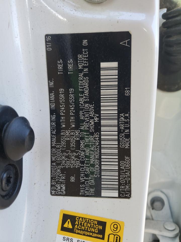 2016 Toyota Highlander VIN 5TDDKRFH0GS246485 Copart auction photo, rear end damage thumbnail 13
