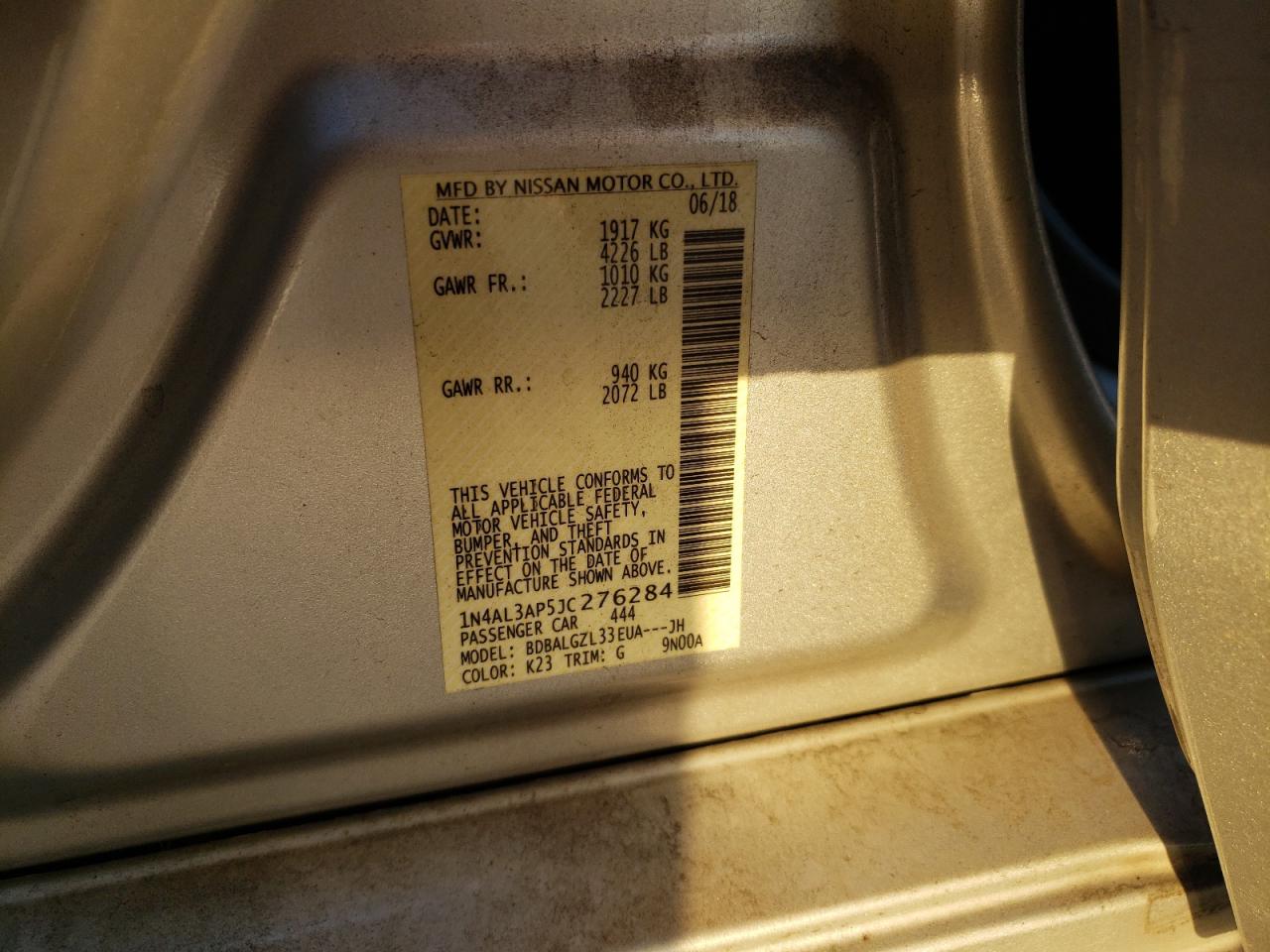 2018 Nissan Altima VIN 1N4AL3AP5JC276284 Copart auction photo, front end / rear end damage thumbnail 13