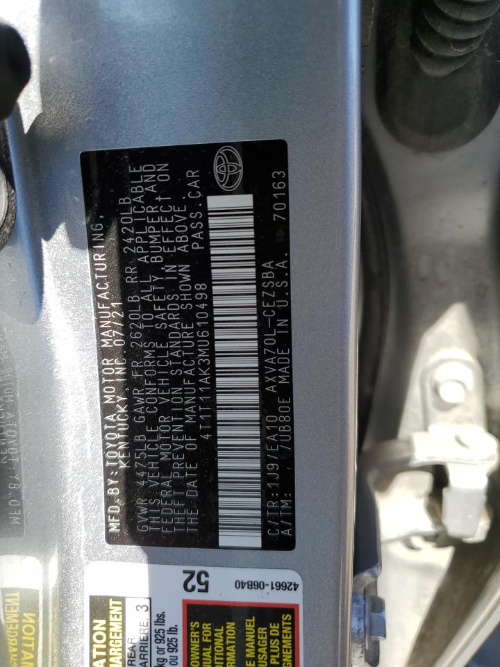 2021 Toyota Camry VIN 4T1T11AK3MU610498 Copart auction photo, side damage thumbnail 12