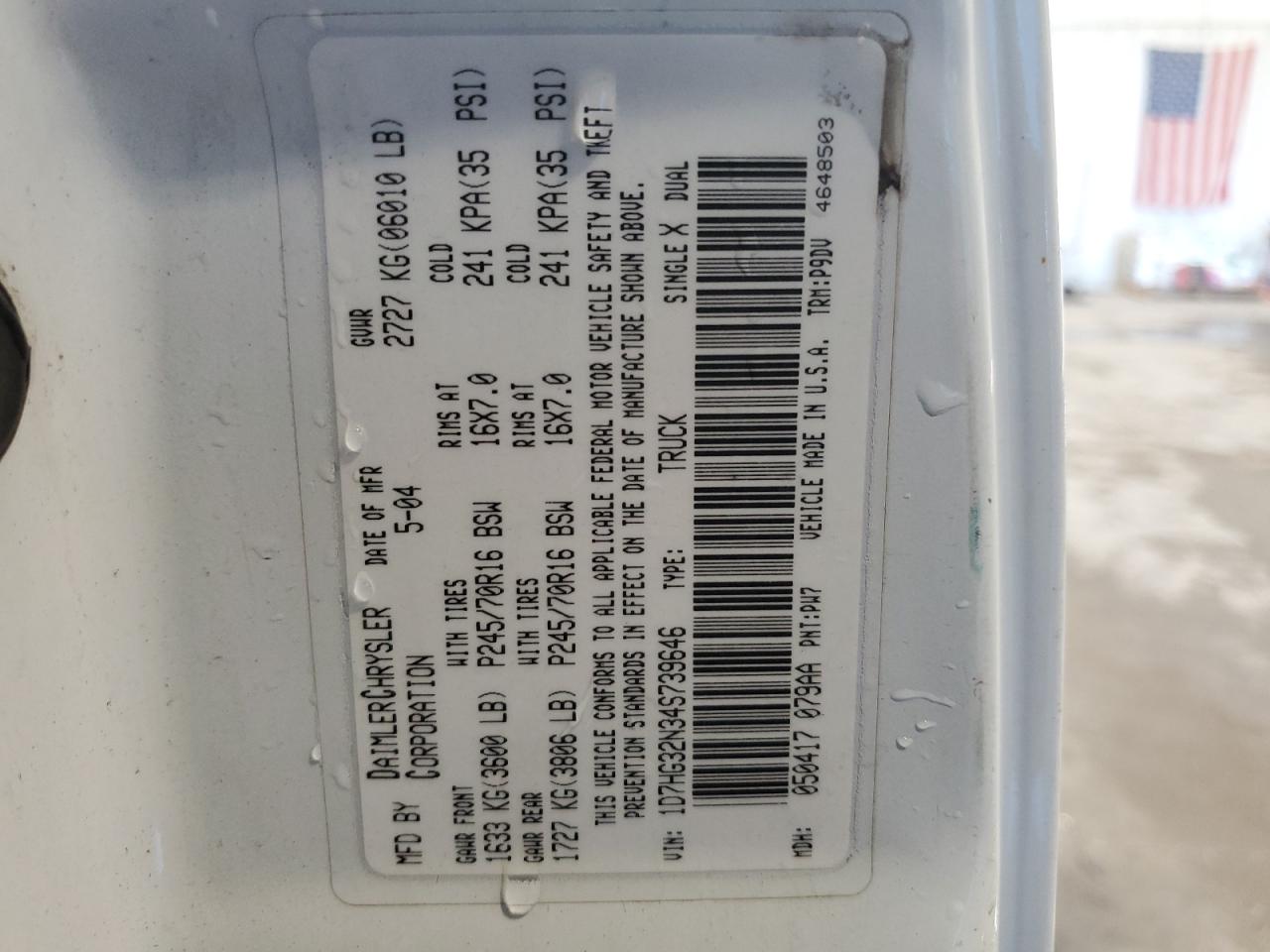 2004 Dodge Dakota VIN 1D7HG32N34S739646 Copart auction photo, all over damage thumbnail 12
