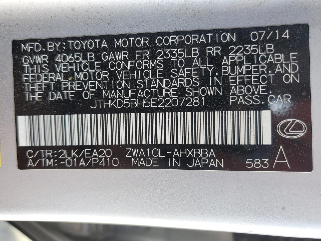 2014 Lexus CT VIN JTHKD5BH5E2207281 Copart auction photo, front end damage thumbnail 14