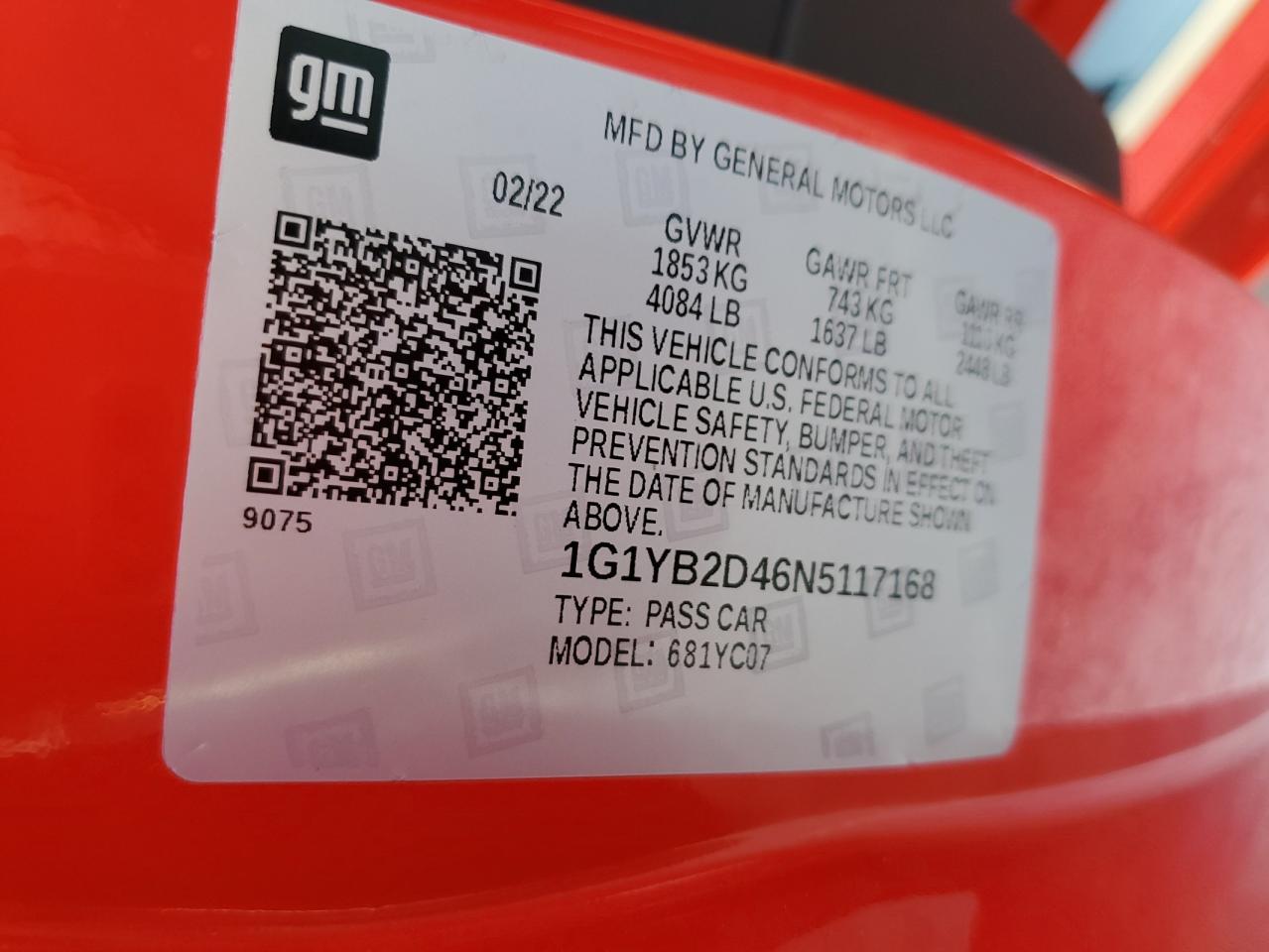 2022 Chevrolet Corvette VIN 1G1YB2D46N5117168 Copart auction photo, water/flood damage thumbnail 13