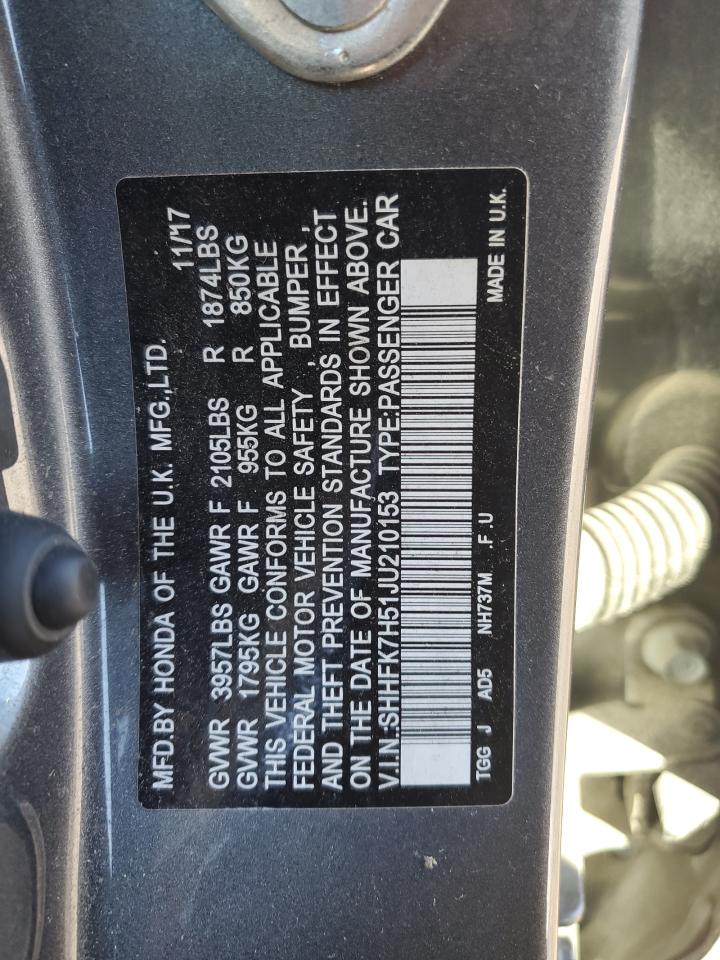 2018 Honda Civic VIN SHHFK7H51JU210153 Copart auction photo, front end damage thumbnail 13