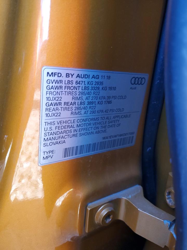 2019 Audi Q8 VIN WA1EVAF16KD017050 Copart auction photo, front end damage thumbnail 14