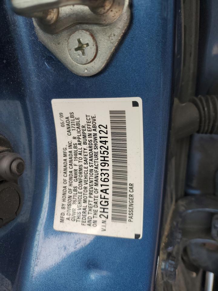 2009 Honda Civic VIN 2HGFA16319H524122 Copart auction photo, rear end damage thumbnail 12