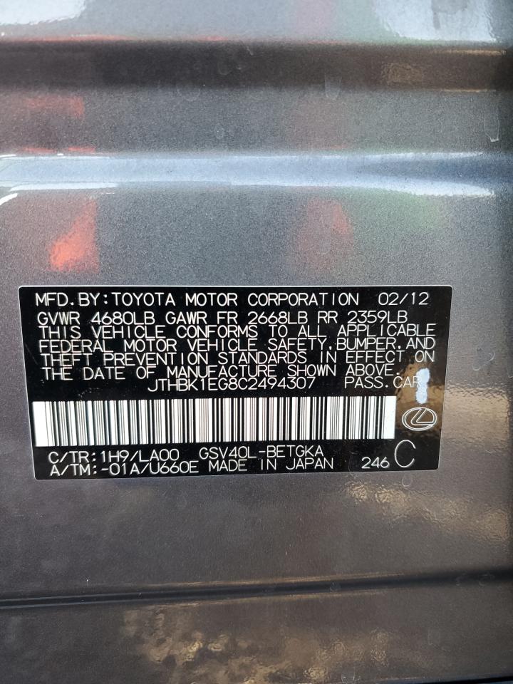 2012 Lexus ES VIN JTHBK1EG8C2494307 Copart auction photo, front end damage thumbnail 12