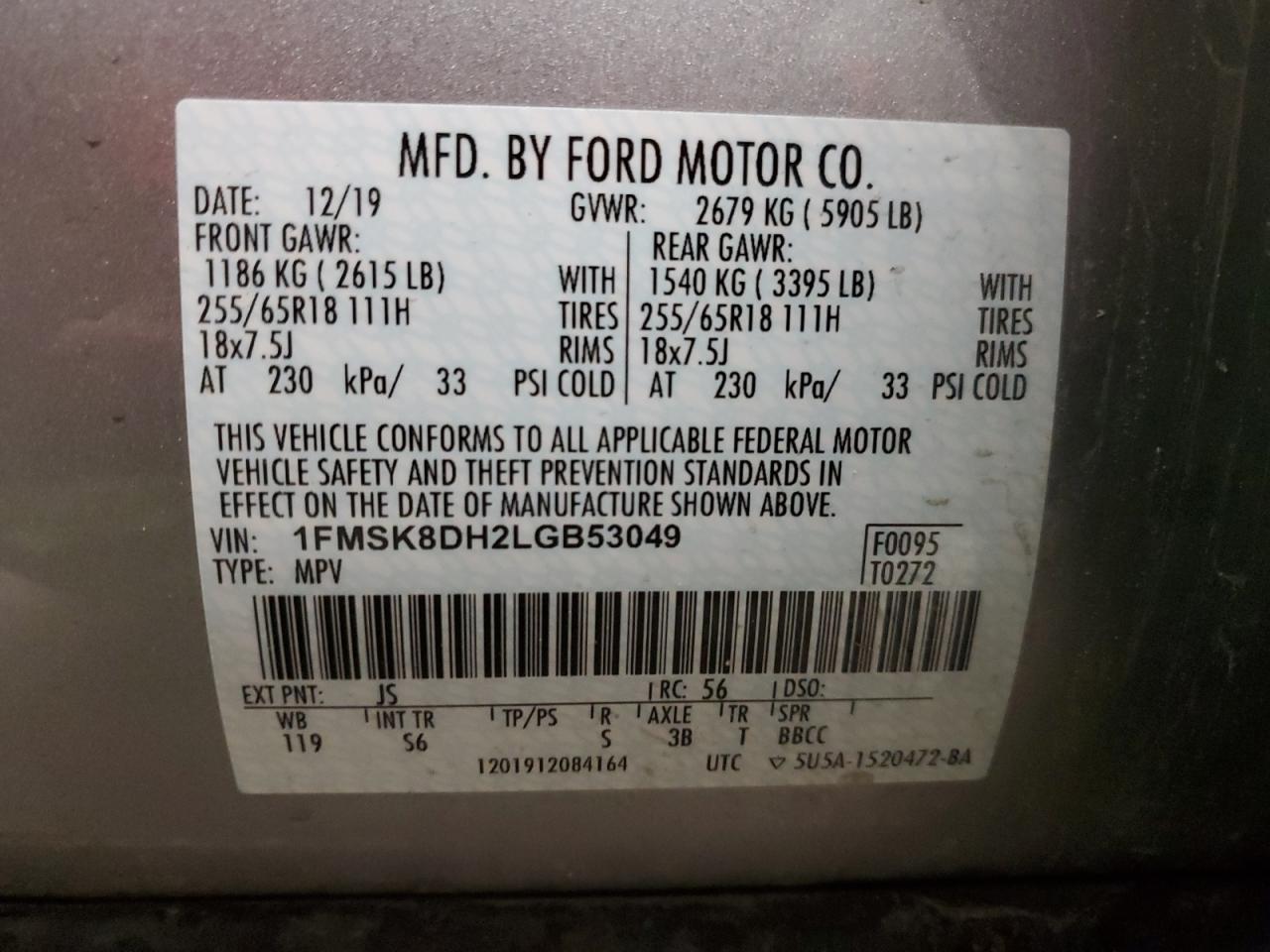 2020 Ford Explorer VIN 1FMSK8DH2LGB53049 Copart auction photo, side / front end damage thumbnail 14