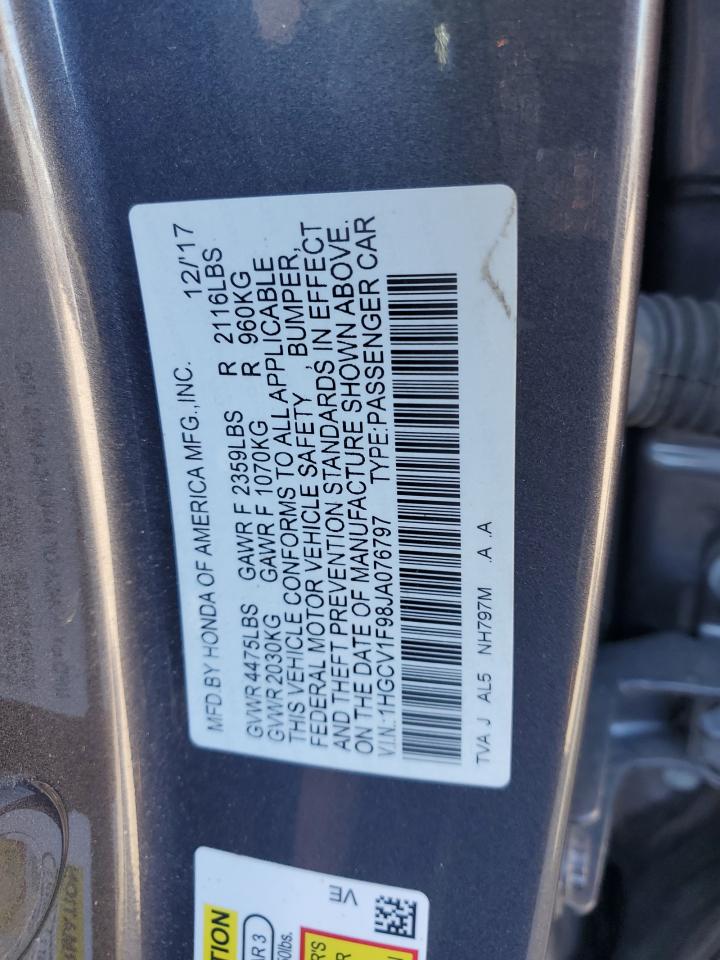 2018 Honda Accord VIN 1HGCV1F98JA076797 Copart auction photo, front end / undercarriage damage thumbnail 13