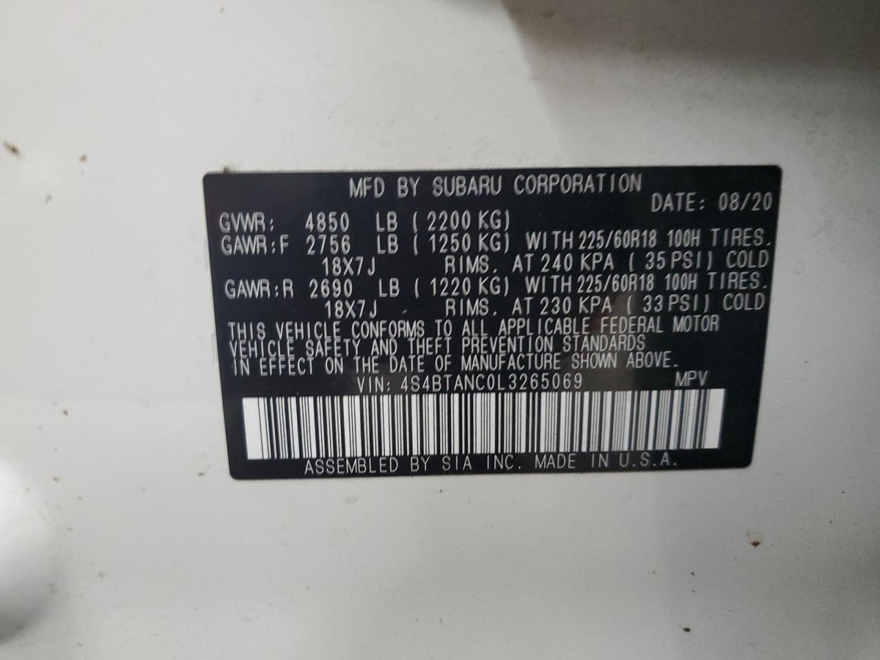 2020 Subaru Outback VIN 4S4BTANC0L3265069 Copart auction photo, top/roof damage thumbnail 13