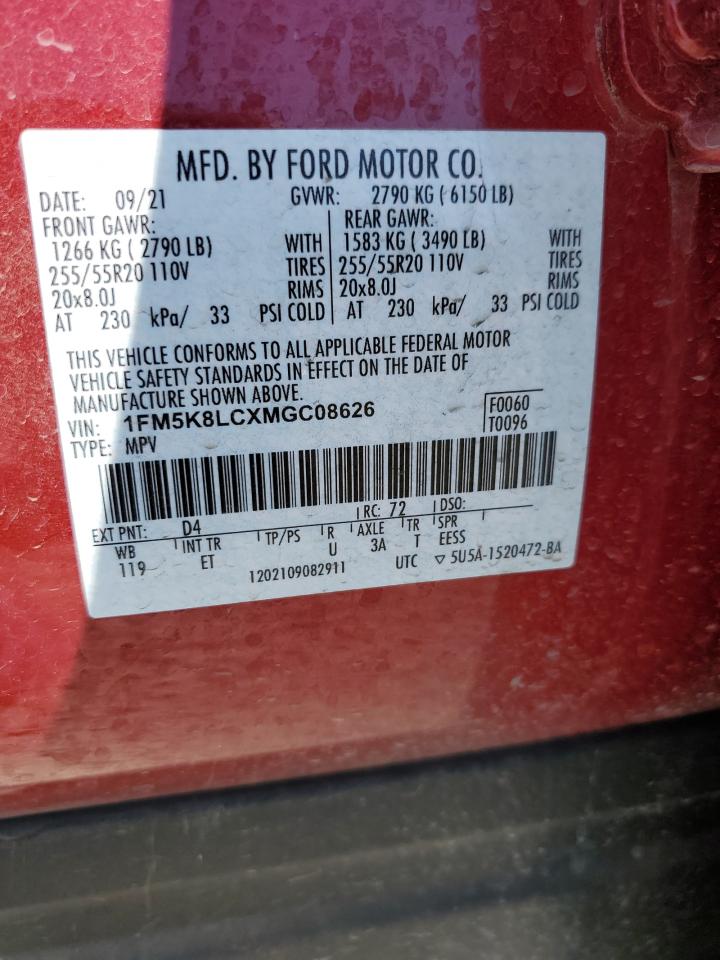 2021 Ford Explorer VIN 1FM5K8LCXMGC08626 Copart auction photo, rear end / front end damage thumbnail 15
