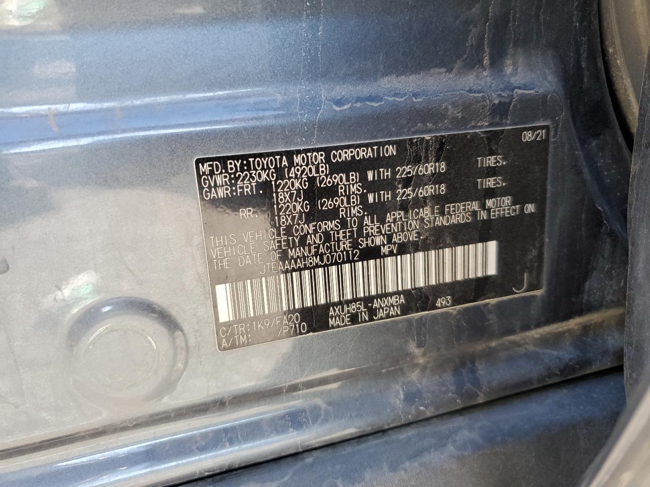 2021 Toyota Venza VIN JTEAAAAH8MJ070112 Copart auction photo, front end damage thumbnail 13