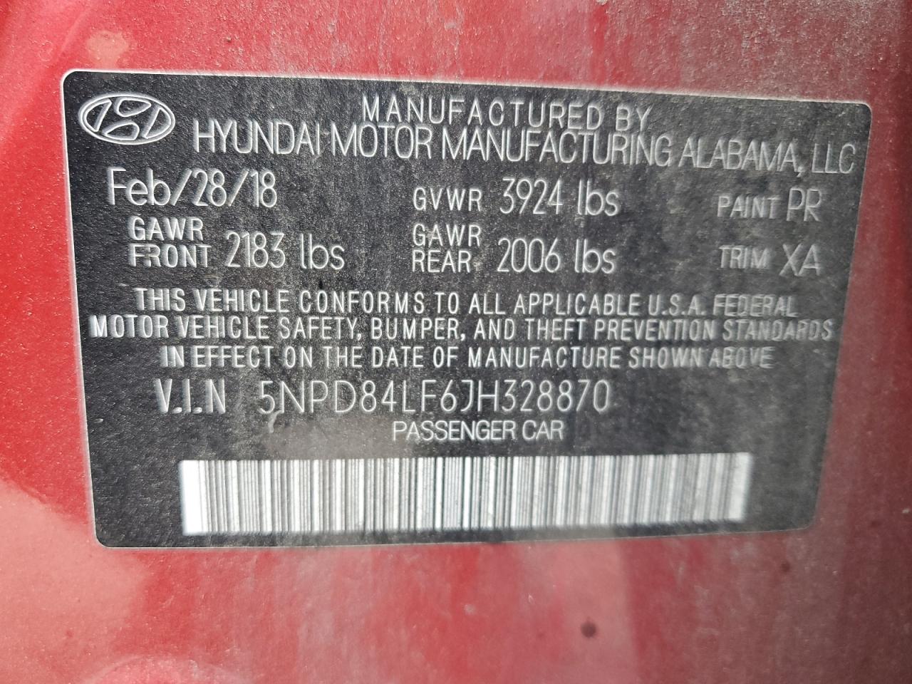 2018 Hyundai Elantra VIN 5NPD84LF6JH328870 Copart auction photo, minor dent/scratches / top/roof damage thumbnail 12
