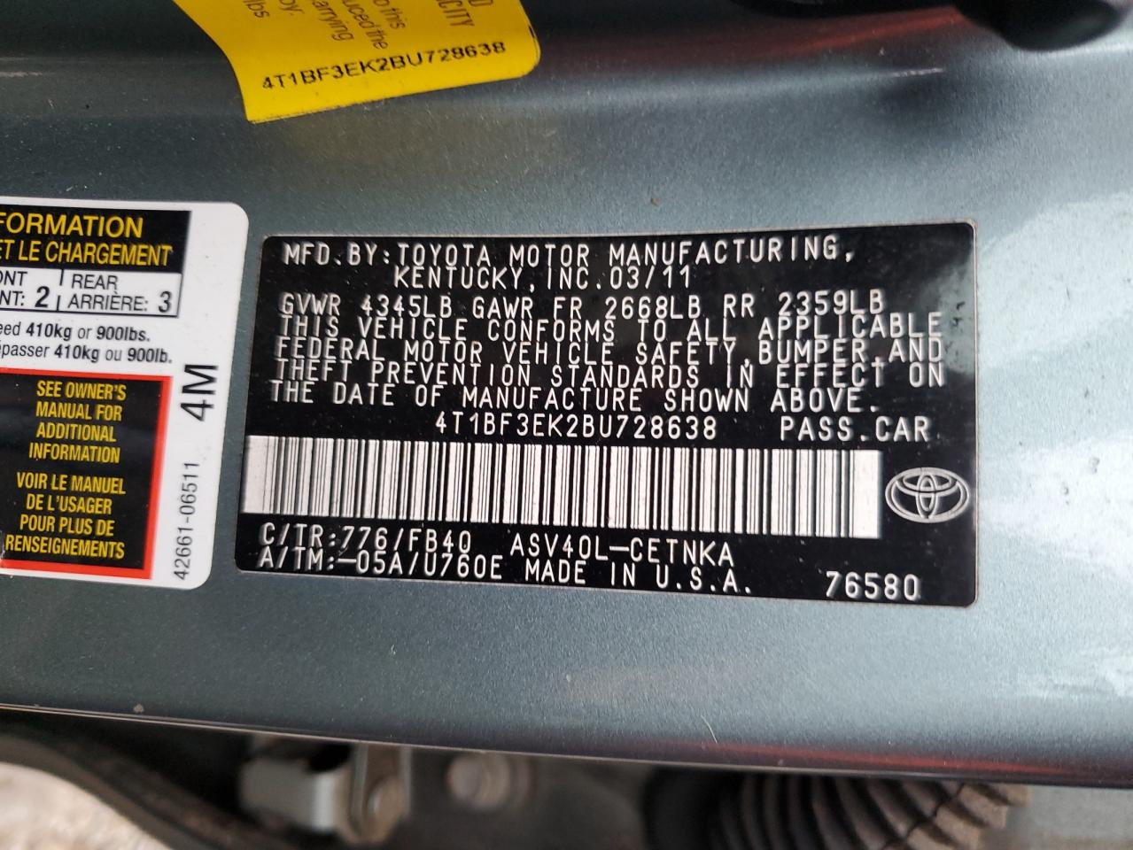 2011 Toyota Camry VIN 4T1BF3EK2BU728638 Copart auction photo, front end / rear end damage thumbnail 12