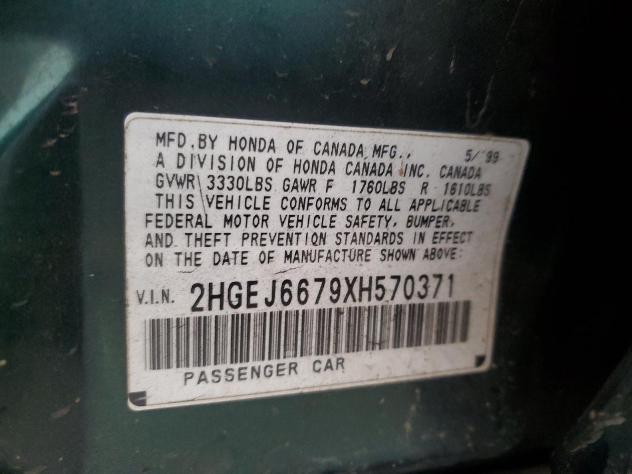 1999 Honda Civic VIN 2HGEJ6679XH570371 Copart auction photo, side damage thumbnail 12