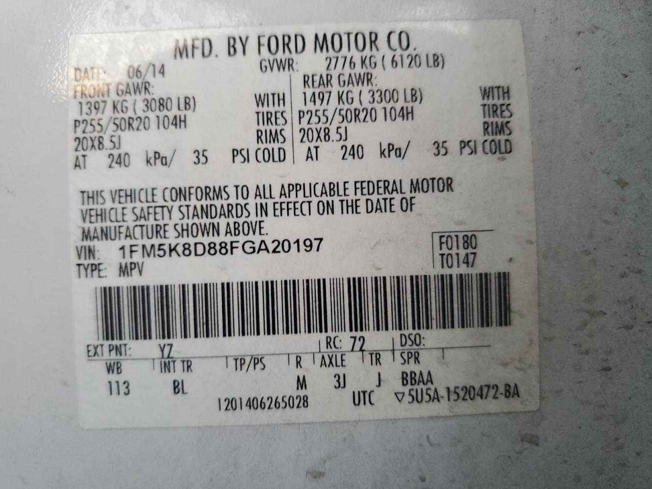 2015 Ford Explorer VIN 1FM5K8D88FGA20197 Copart auction photo, front end / side damage thumbnail 13