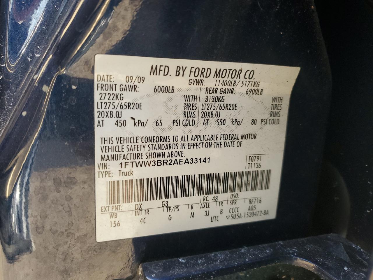 2010 Ford F350 VIN 1FTWW3BR2AEA33141 Copart auction photo, side / front end damage thumbnail 12