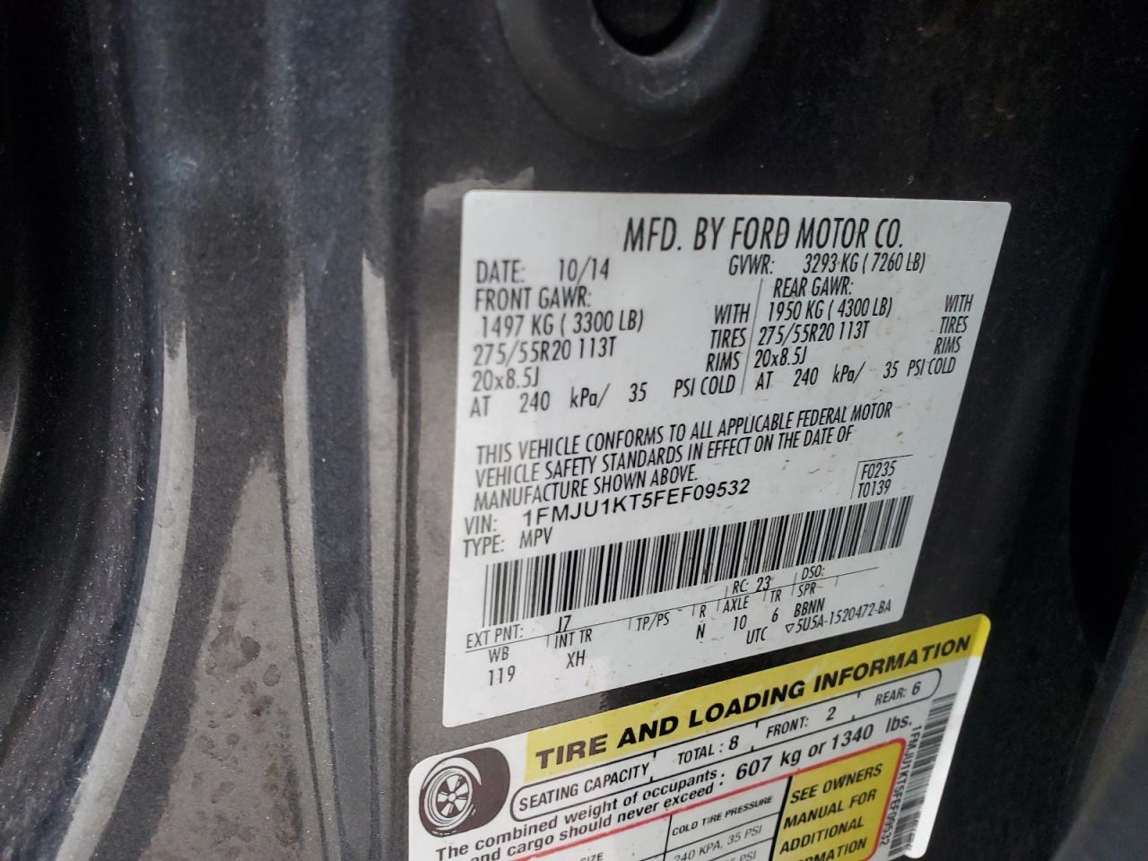 2015 Ford Expedition VIN 1FMJU1KT5FEF09532 Copart auction photo, front end / minor dent/scratches damage thumbnail 14