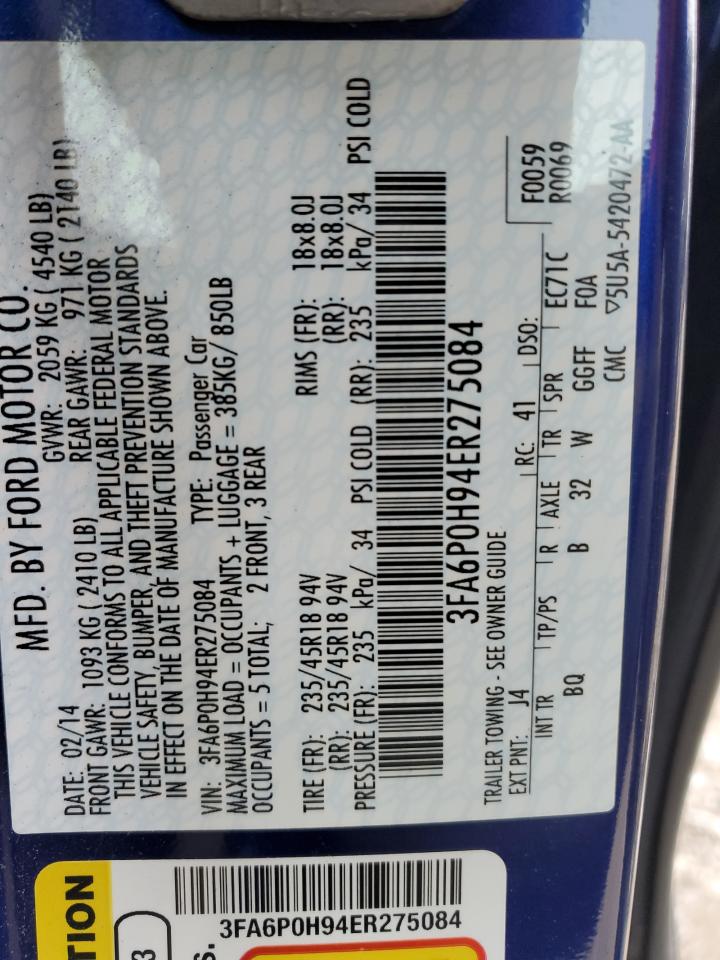 2014 Ford Fusion VIN 3FA6P0H94ER275084 Copart auction photo, front end damage thumbnail 12