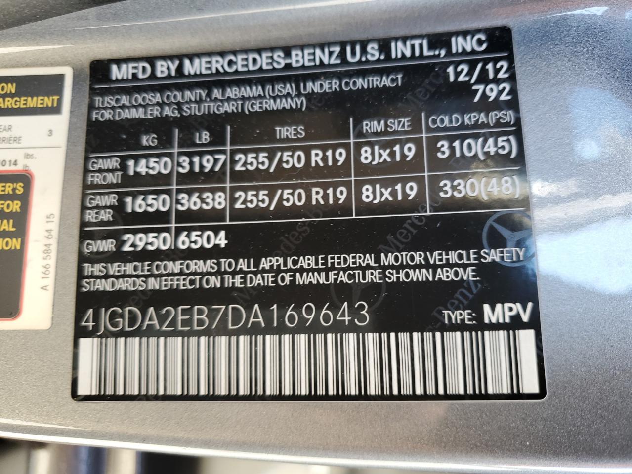 2013 Mercedes-Benz M-klasse VIN 4JGDA2EB7DA169643 Copart auction photo, front end / side damage thumbnail 15