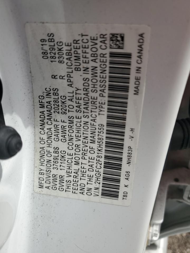 2019 Honda Civic VIN 2HGFC2F81KH587559 Copart auction photo, front end damage thumbnail 12
