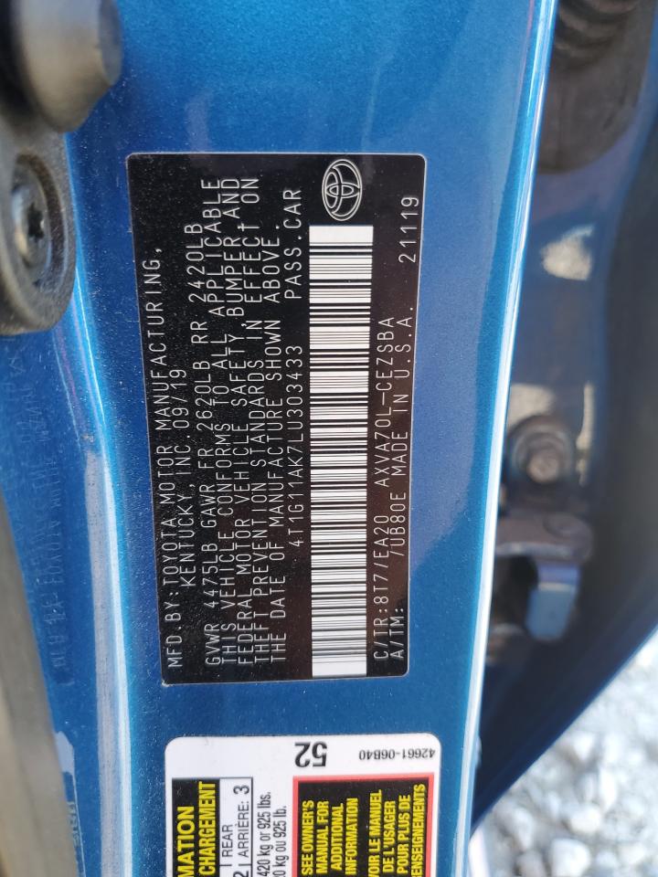 2020 Toyota Camry VIN 4T1G11AK7LU303433 Copart auction photo, rear end / side damage thumbnail 12
