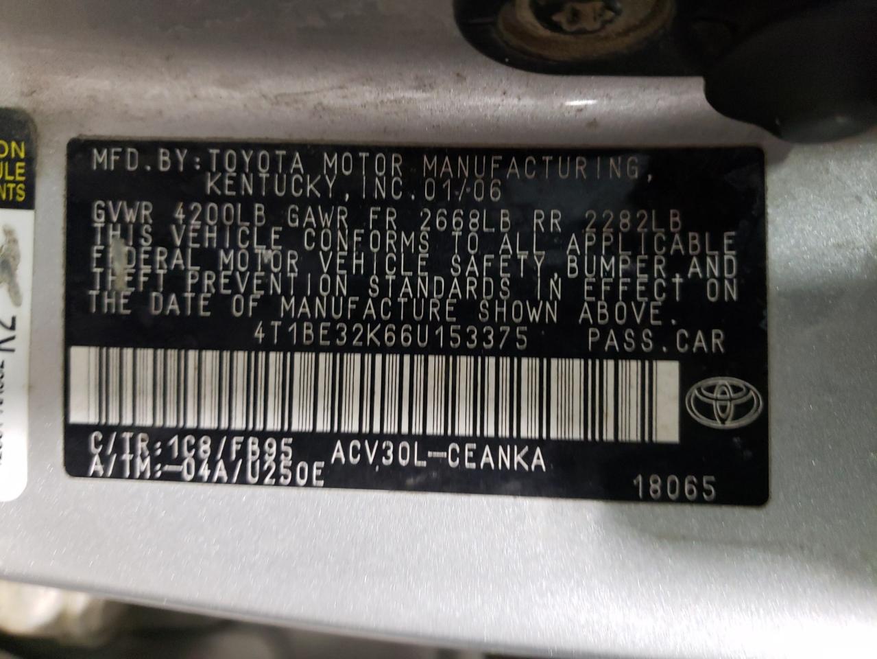2006 Toyota Camry VIN 4T1BE32K66U153375 Copart auction photo, rear end / front end damage thumbnail 14
