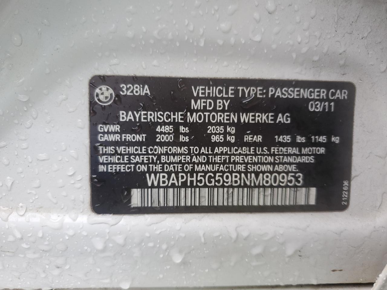 2011 BMW 3er VIN WBAPH5G59BNM80953 Copart auction photo, rear end damage thumbnail 12