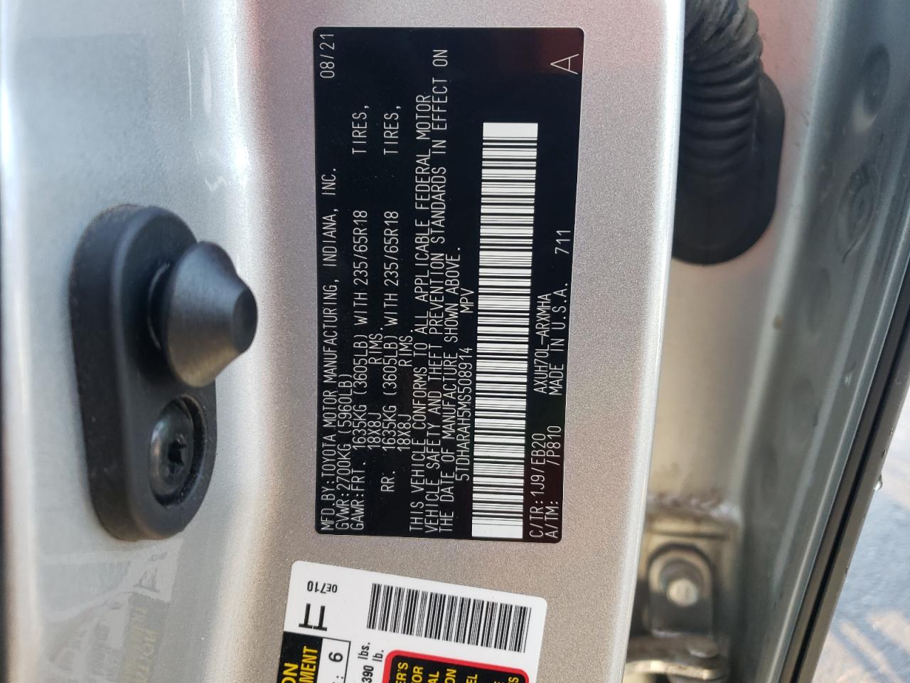 2021 Toyota Highlander VIN 5TDHARAH5MS508914 Copart auction photo, front end damage thumbnail 13