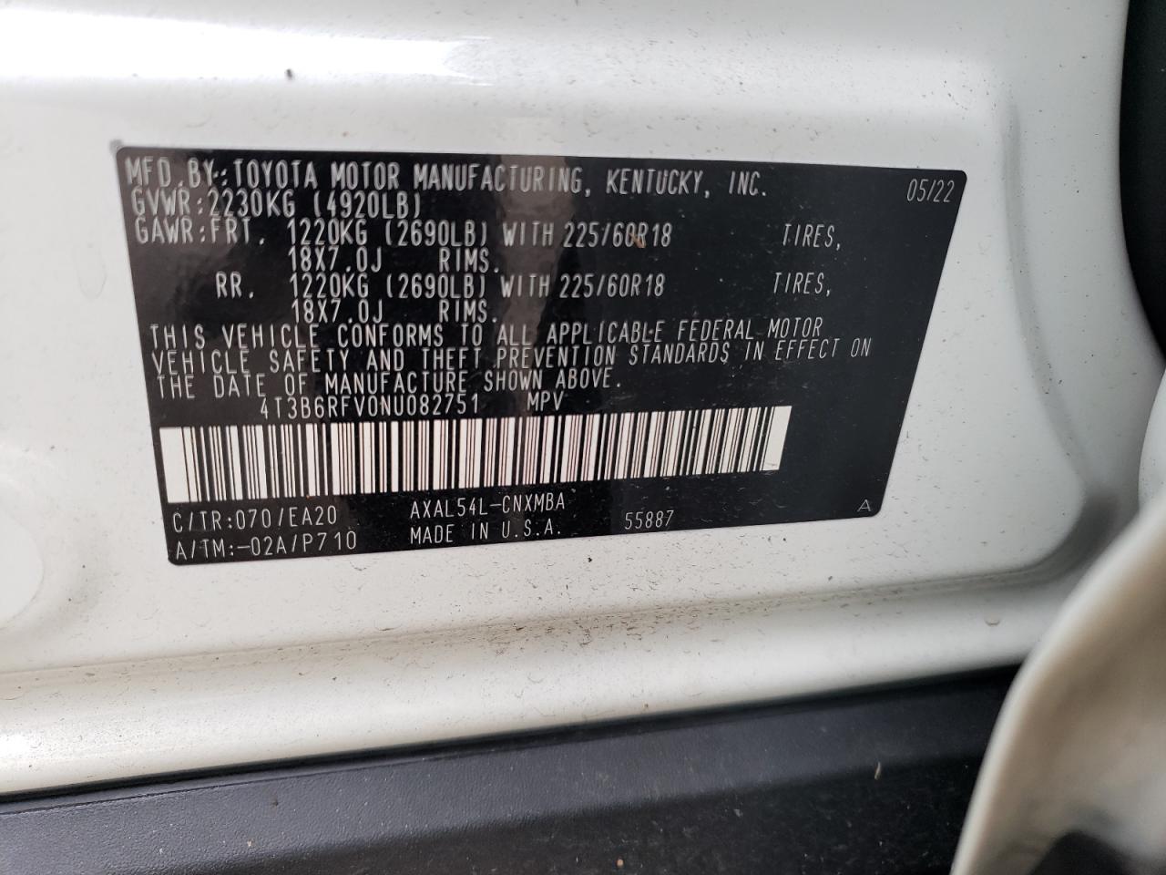 2022 Toyota RAV 4 VIN 4T3B6RFV0NU082751 Copart auction photo, front end damage thumbnail 13